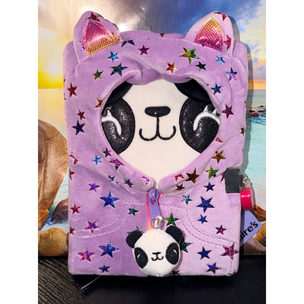 Claire's Penelope Hoods Up Panda Plush Locked Diary Purple Rainbow Stars New